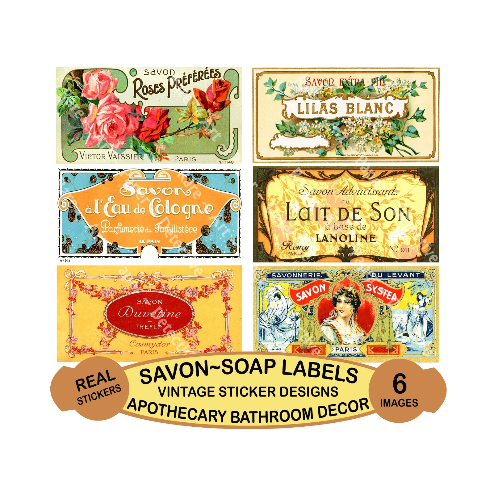 French Soap Label Stickers, Colorful Bathroom Savon Décor, Cut-Peel Sheet, 521