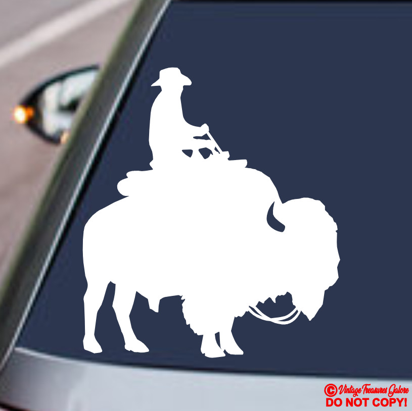 COWBOY RIDING BUFFALO Vinyl Decal Sticker Car Window Wall Bumper Guy On A Bison
