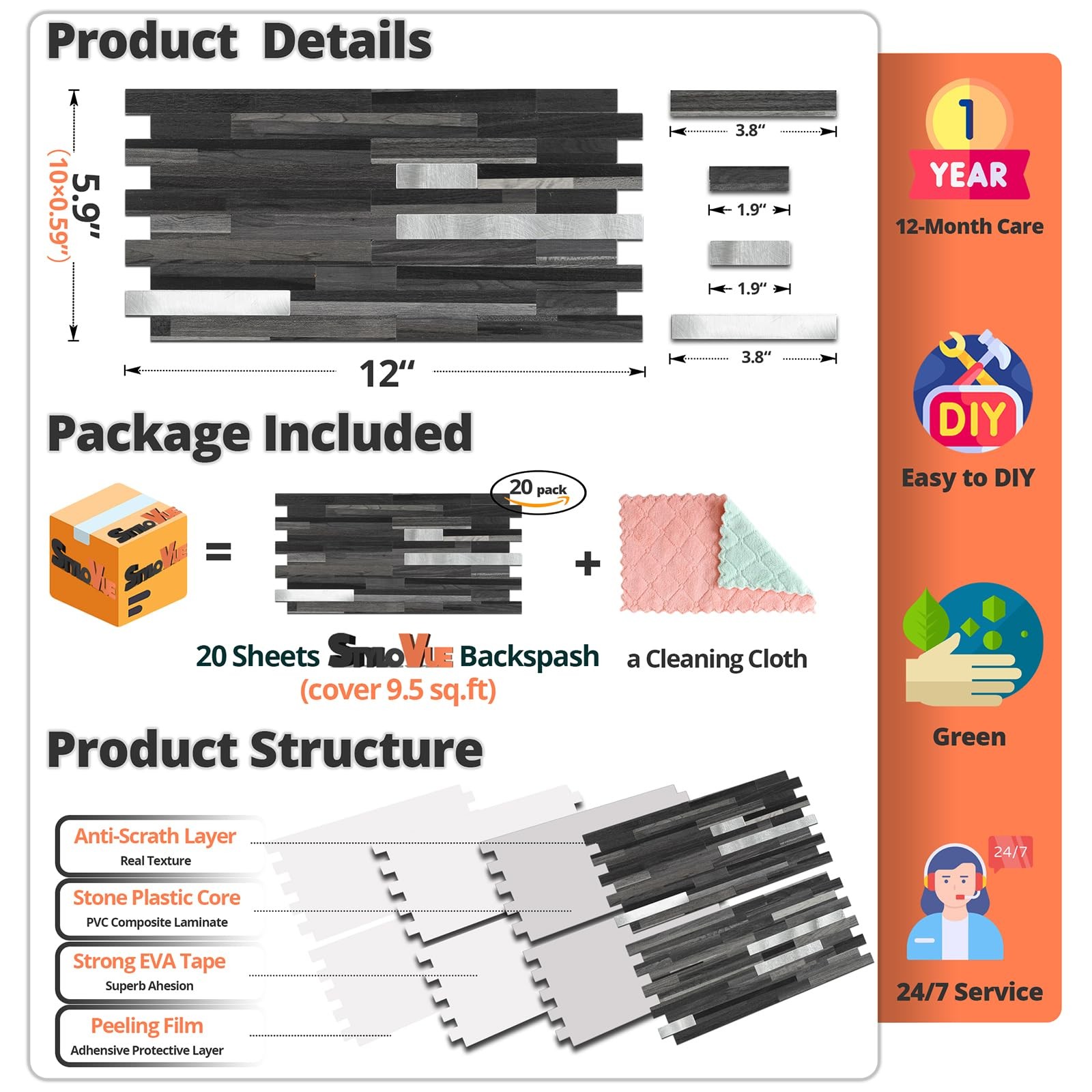 StyloVue 20 Sheets Peel 12 inch x 5.9 inch, Black Grey Wood With Metal Silver