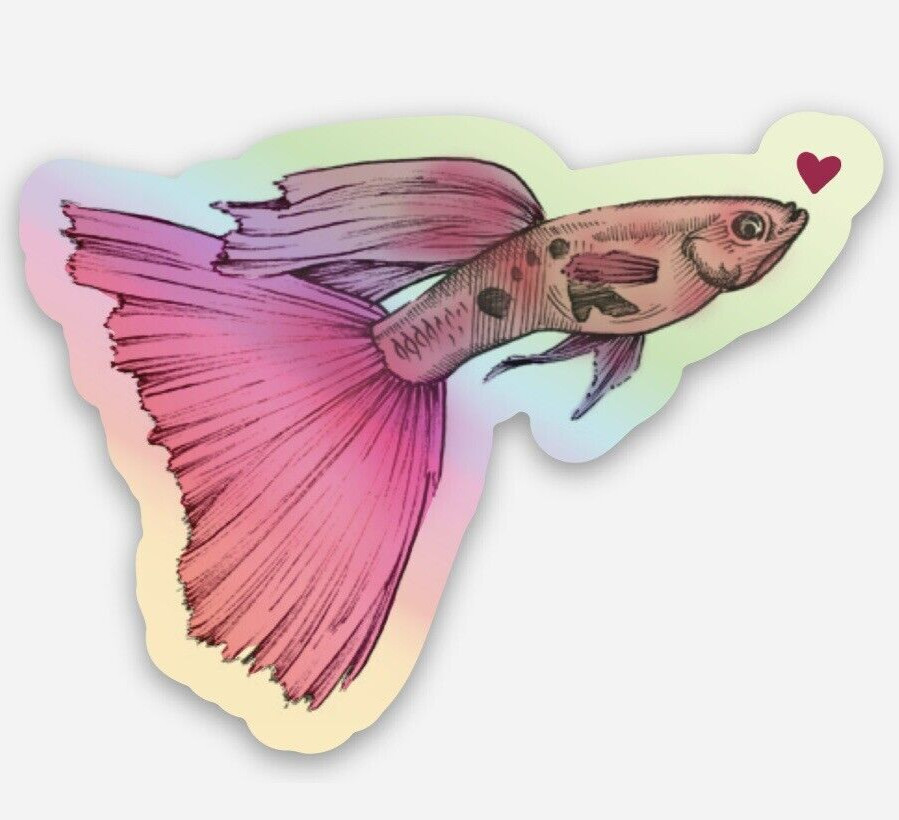 Pink Guppy Heart Sticker: Holographic🐠💕 Sarah's Guppies Homemade Designed