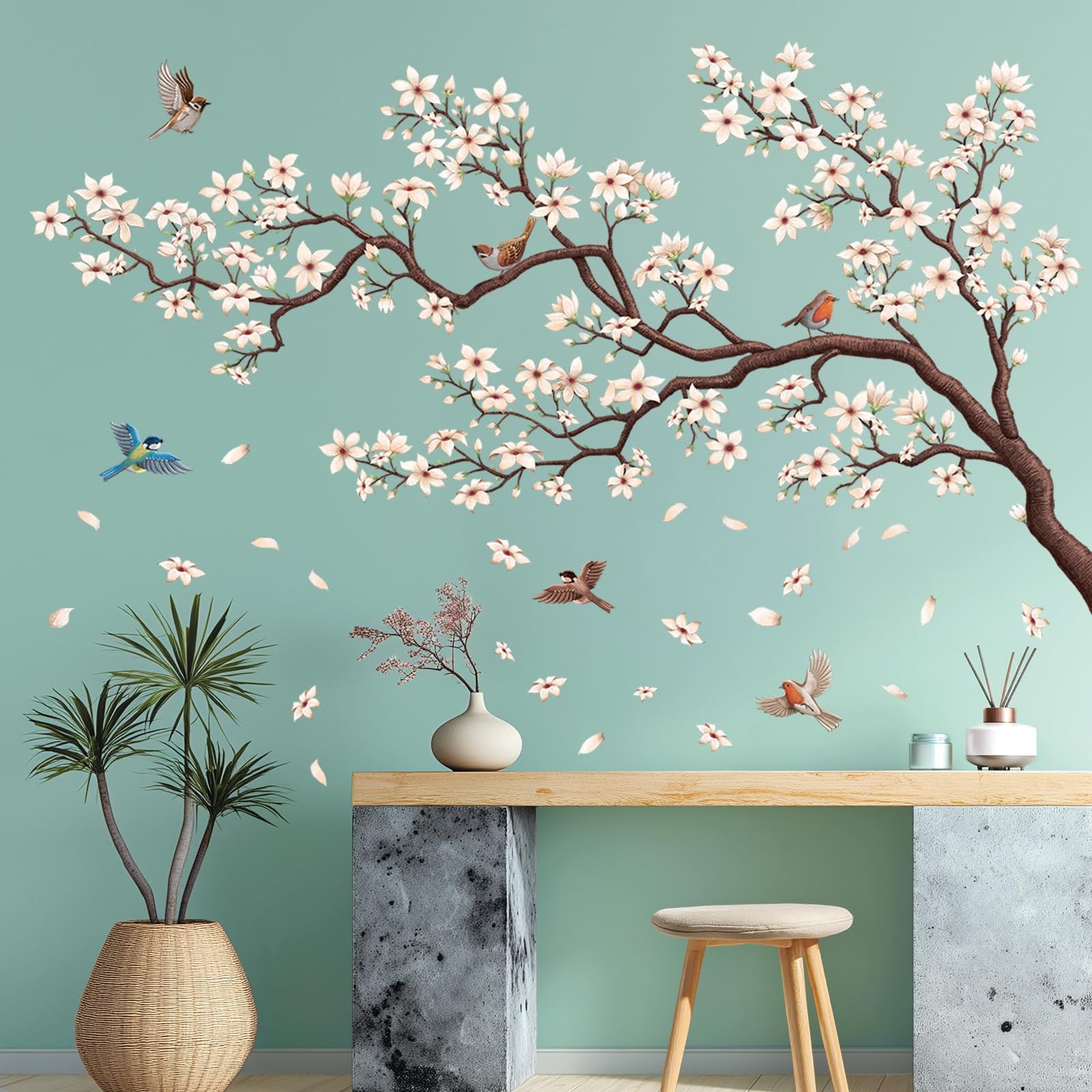 SG4-2317 Oriental Flower Tree Wall Stickers declas Bedroom Cherry Blossom Bir…