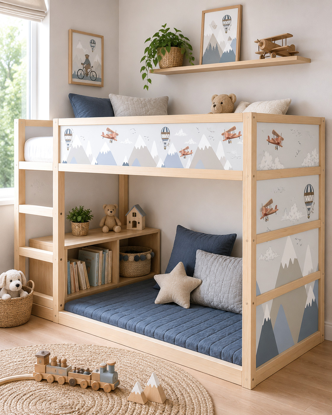 Vintage Aviation Decals for IKEA KURA Bed – Neutral Airplane & Mountain