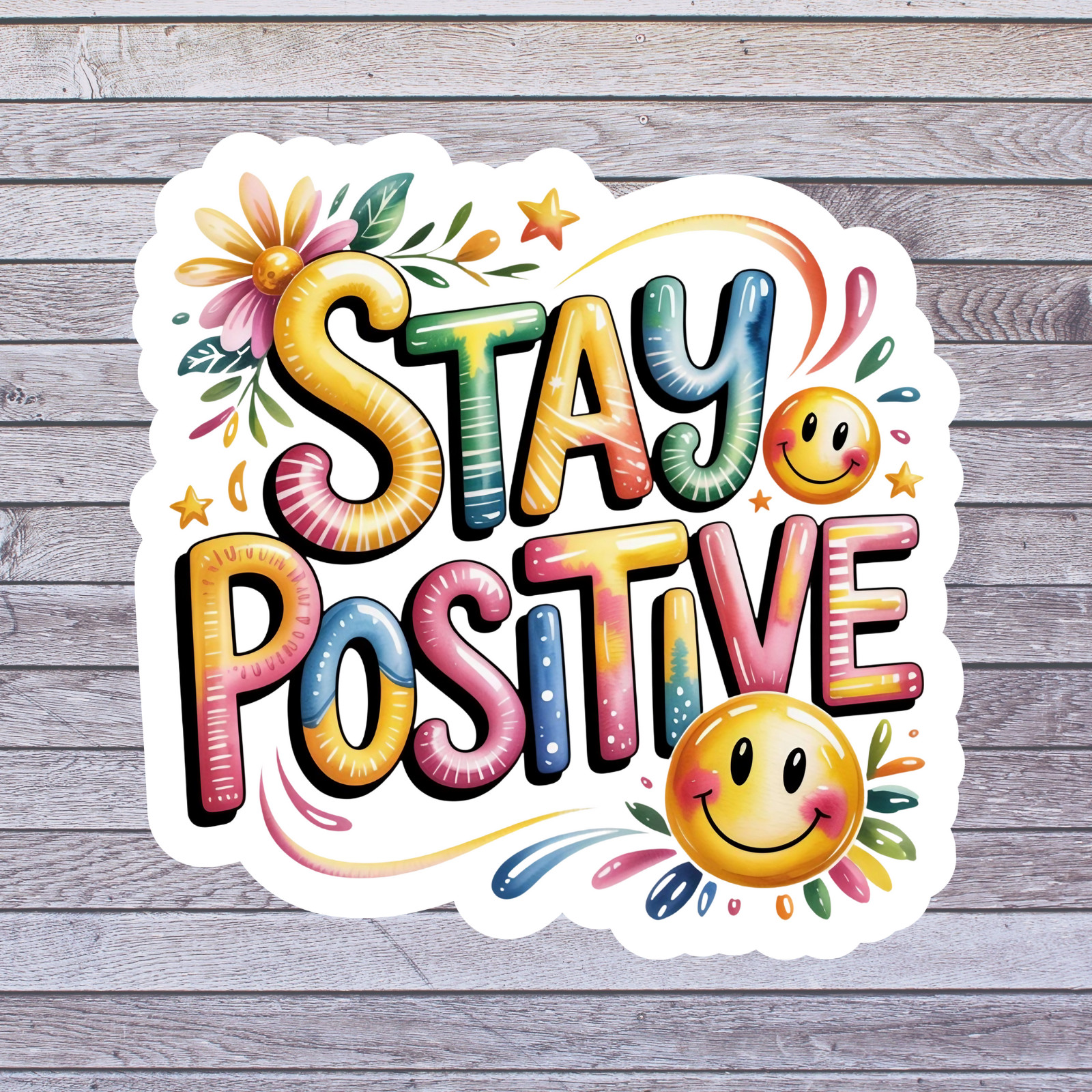 Positive sticker vinyl decal stay positive colorful smiley stars flowers