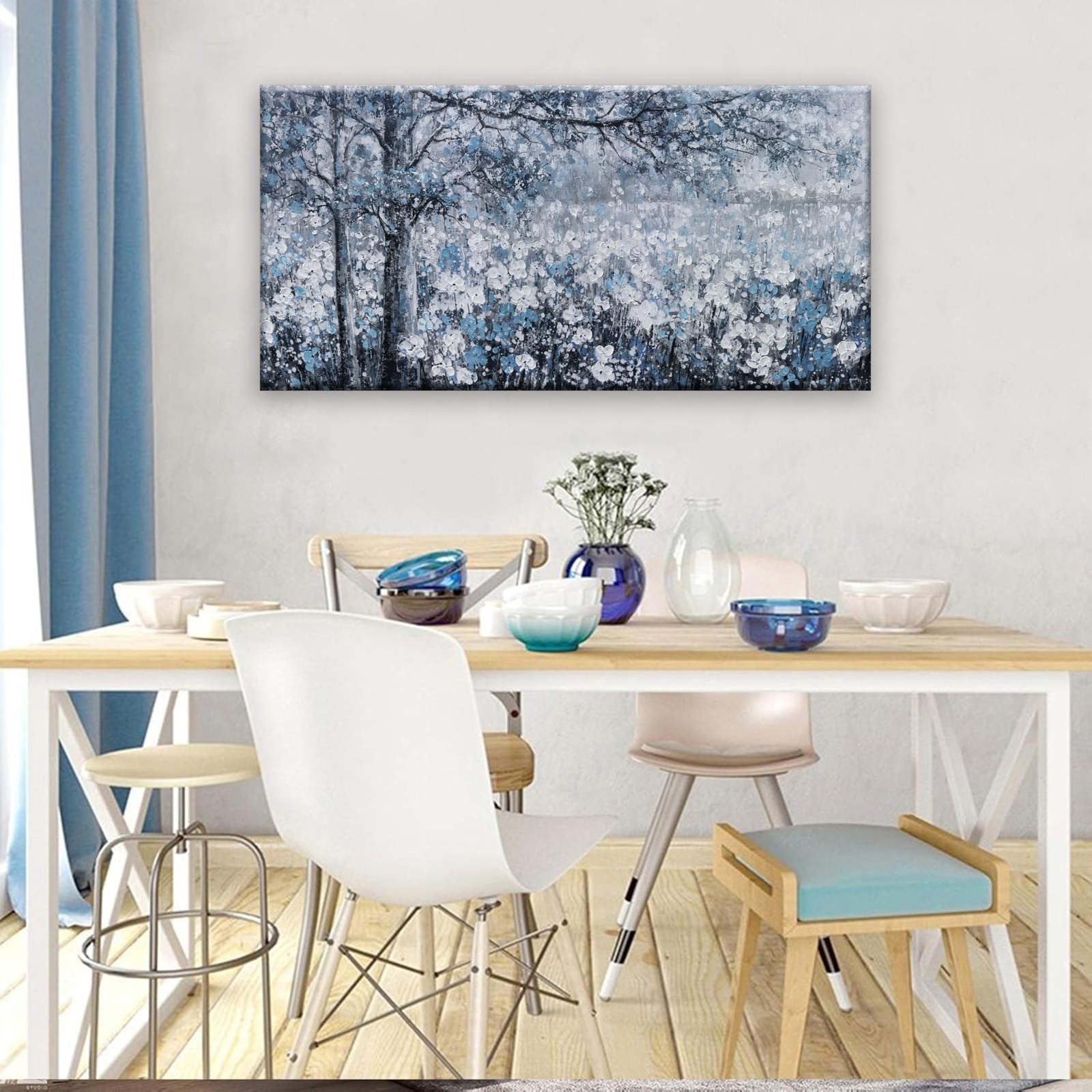 Wall Art for Living Room Blue And White Abstract Tree Flower Modern Artwork C…
