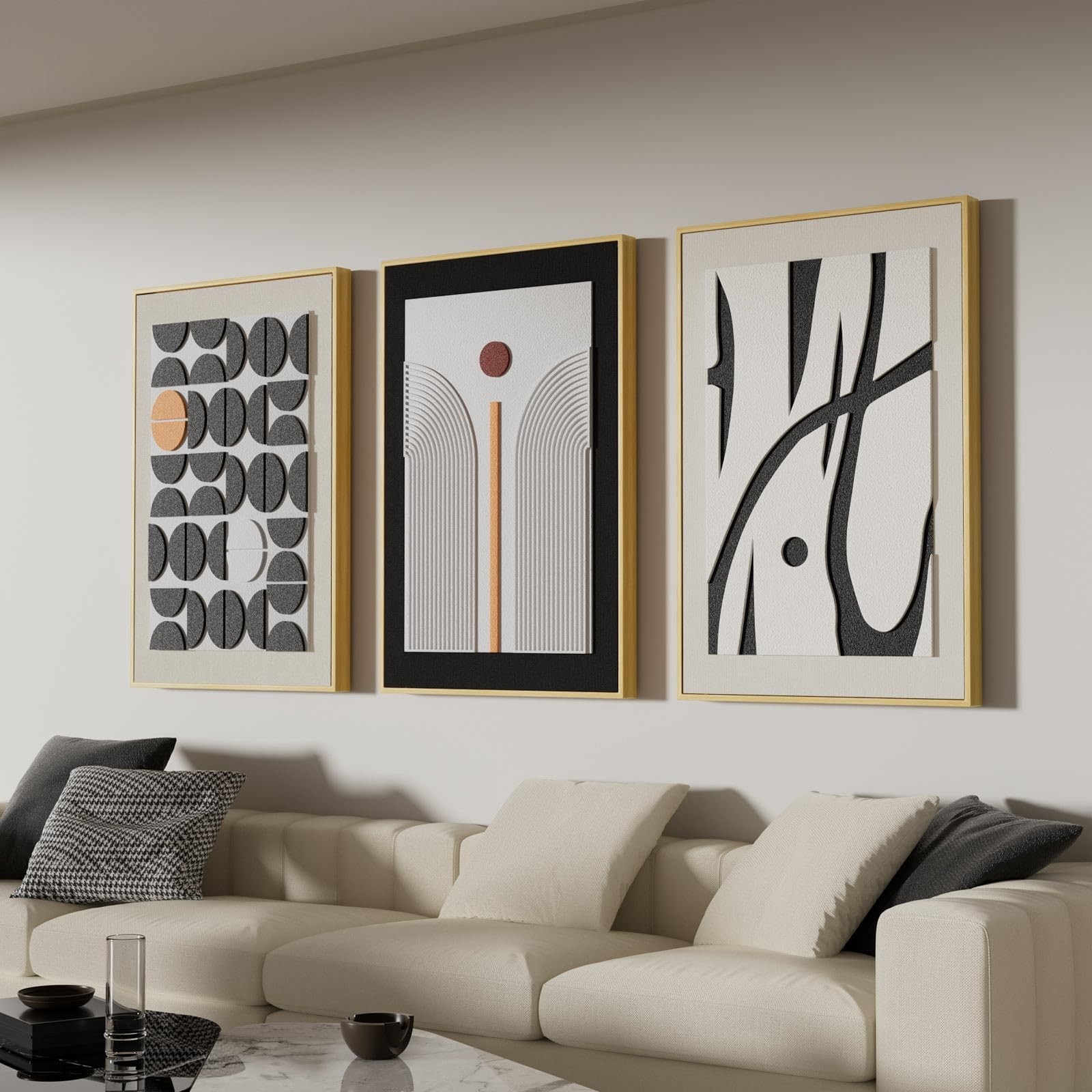 Large 3D Textured Framed Abstract Wall Art for Living Room, 3 Piece Modern Bo…