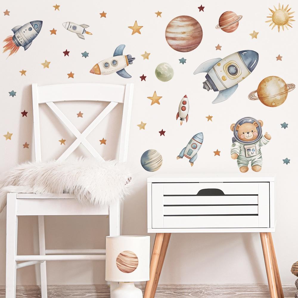 Cartoon Bear Astronaut Rocket Wall Decal – Removable Kids Room Nursery Decor