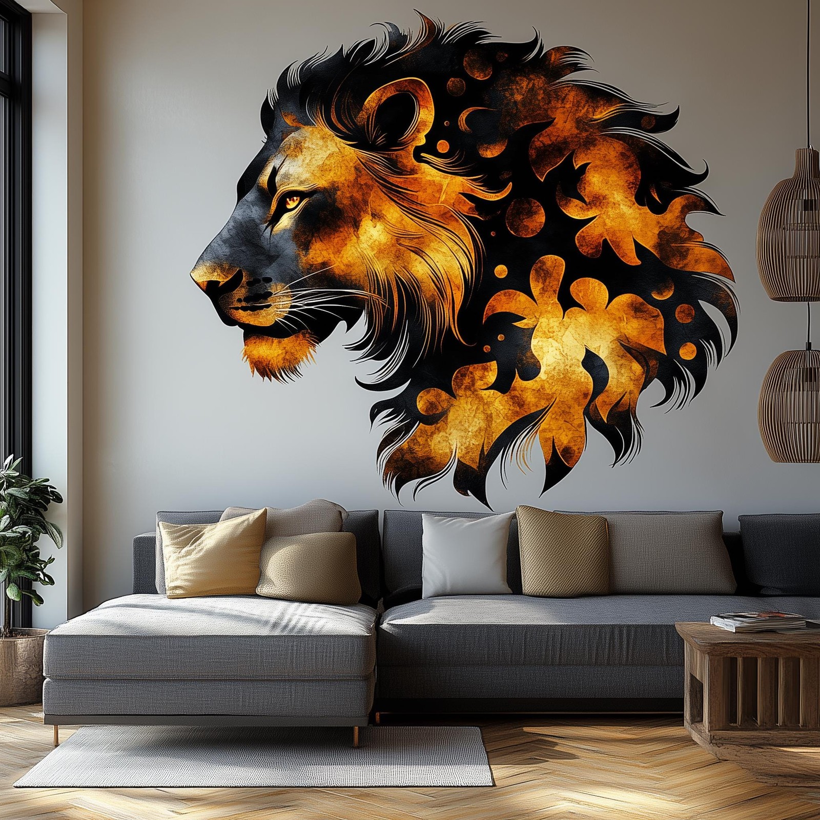 Abstract Lion Wall Decal | Fiery 3D Lion Mural Art | Bold Safari Animal Wall