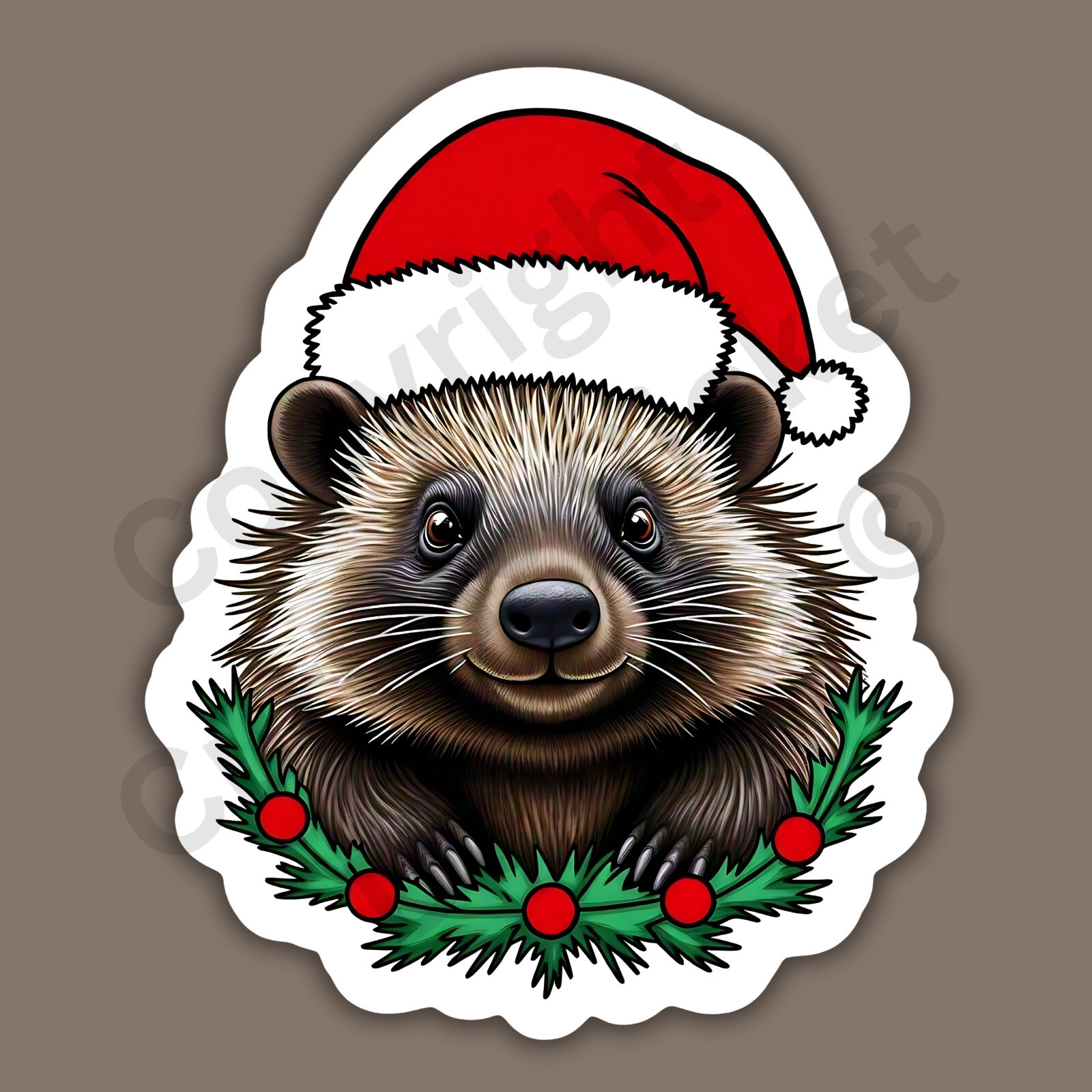 Christmas Porcupine Forest Animal Santa Hat Garland Cute 3" Vinyl Sticker