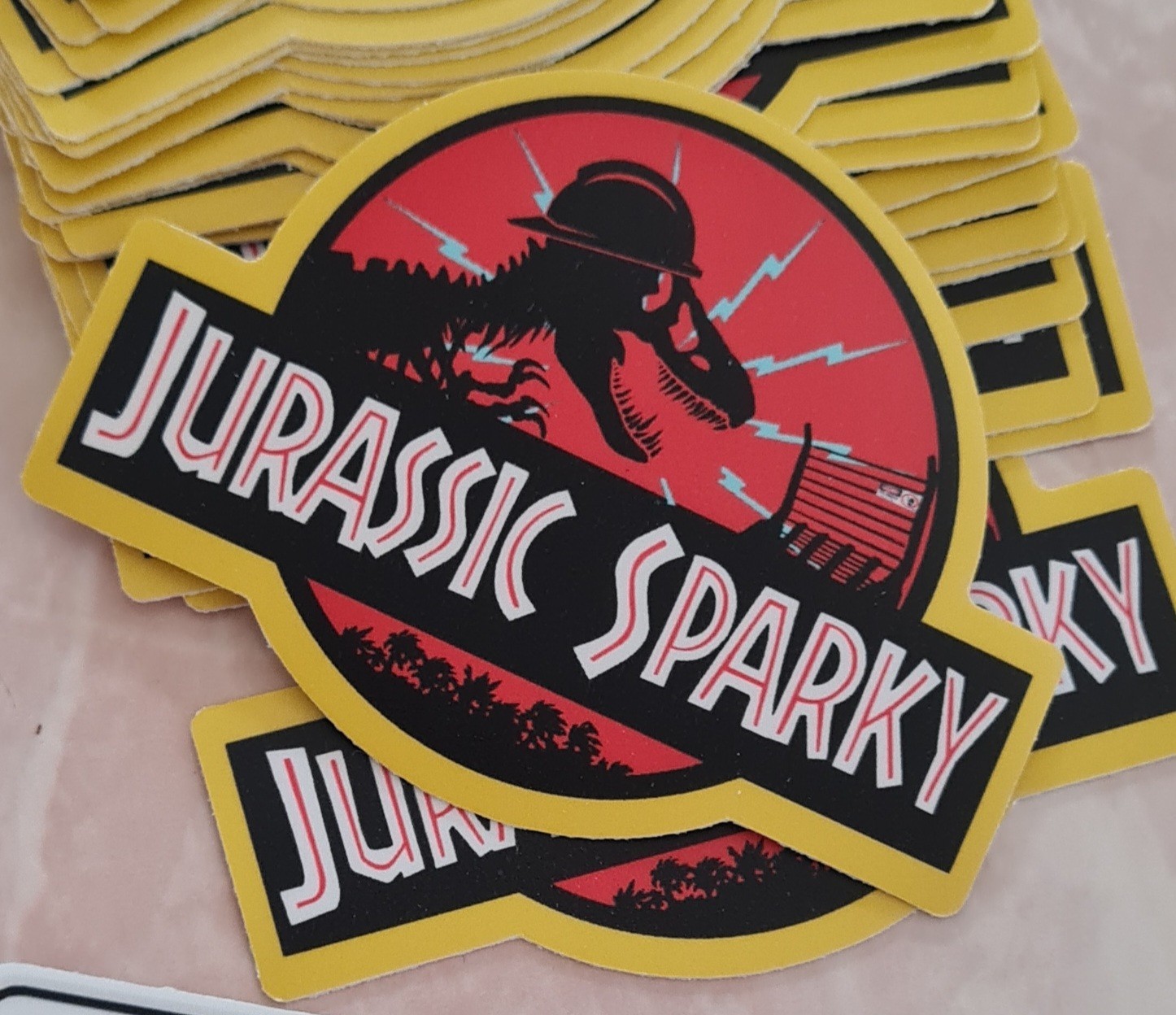 Jurassic park sticker Custom Spino logo, Christmas, Sparky, Electrician T-Rex