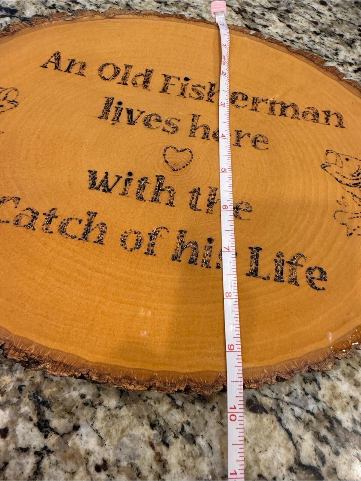 Fisherman natural wooden oval engraved plaque bark trim