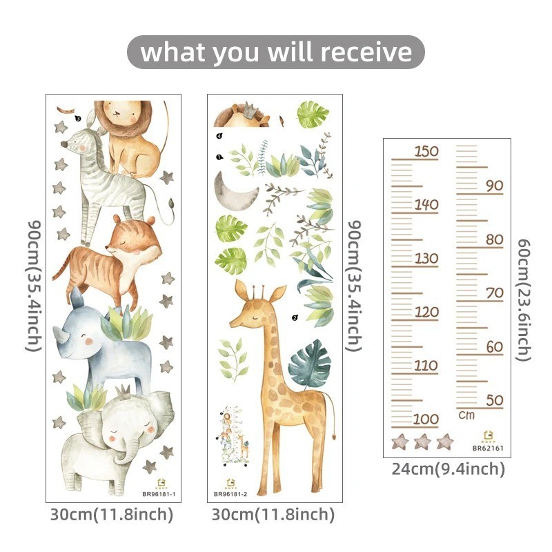 3PC Cartoon Animal Height Ruler Wall Sticker Waterproof Removable Kids Decor