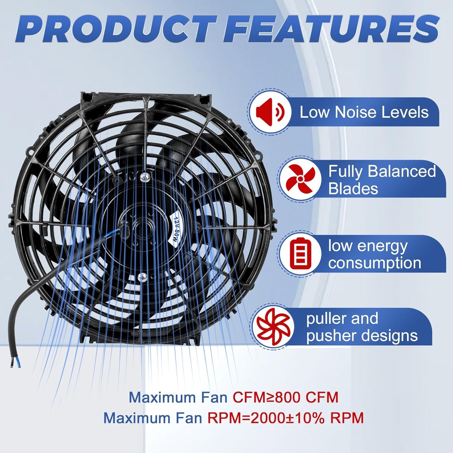 12 Inch 12” Black Universal Electric Radiator Slim Fan 12V 80W High Performance