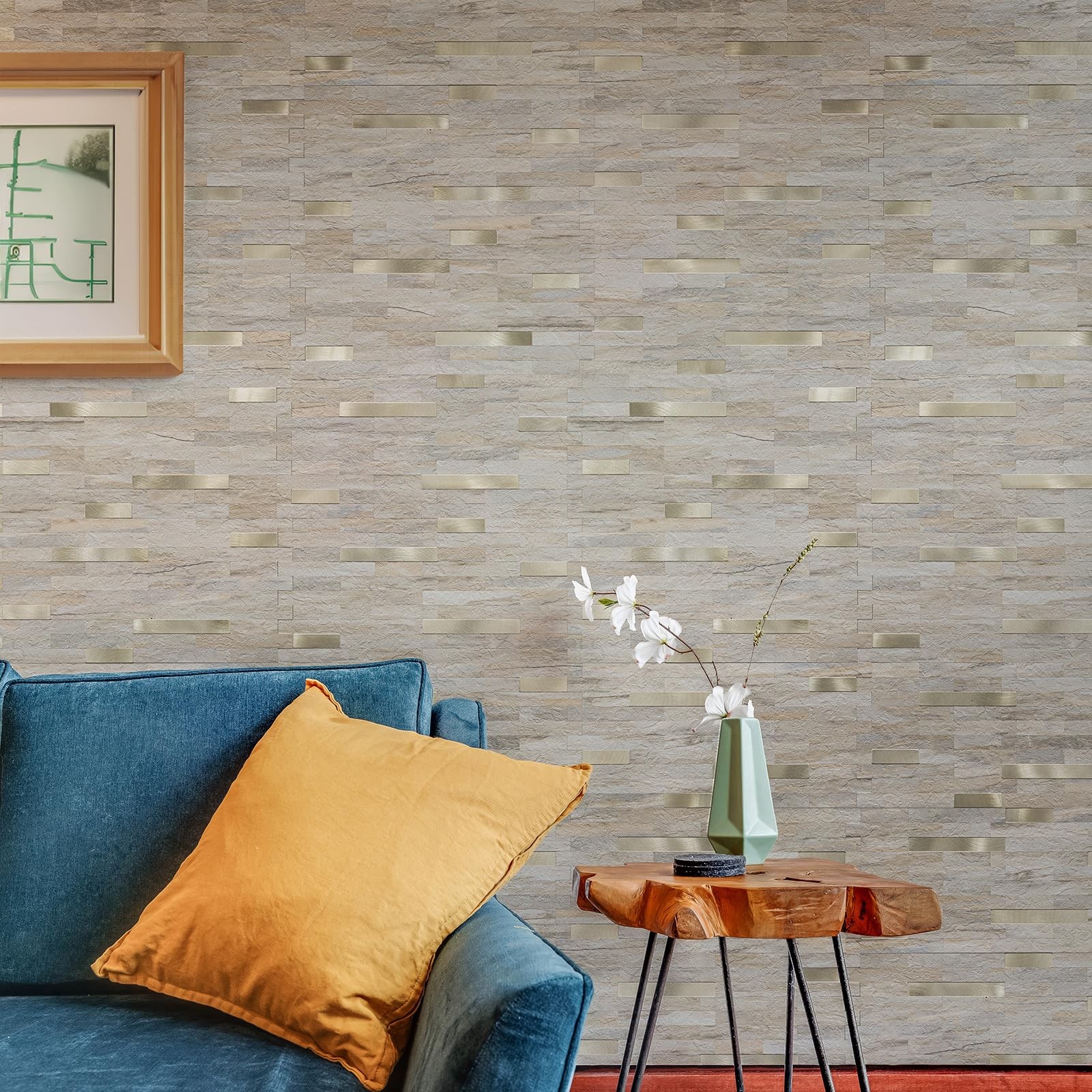 20 Sheets Kitchen Peel and Stick Backsplash Tiles, Beige with Metal Gold Look…