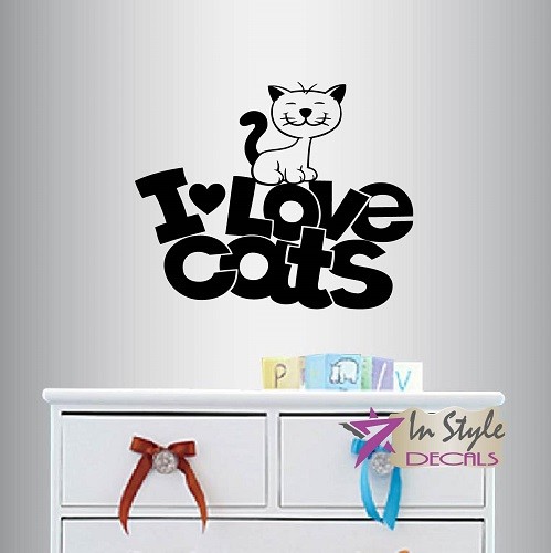 Vinyl Decal I Love Cats Phrase Cartoon Cat Kitten Pet Room Wall Sticker 712