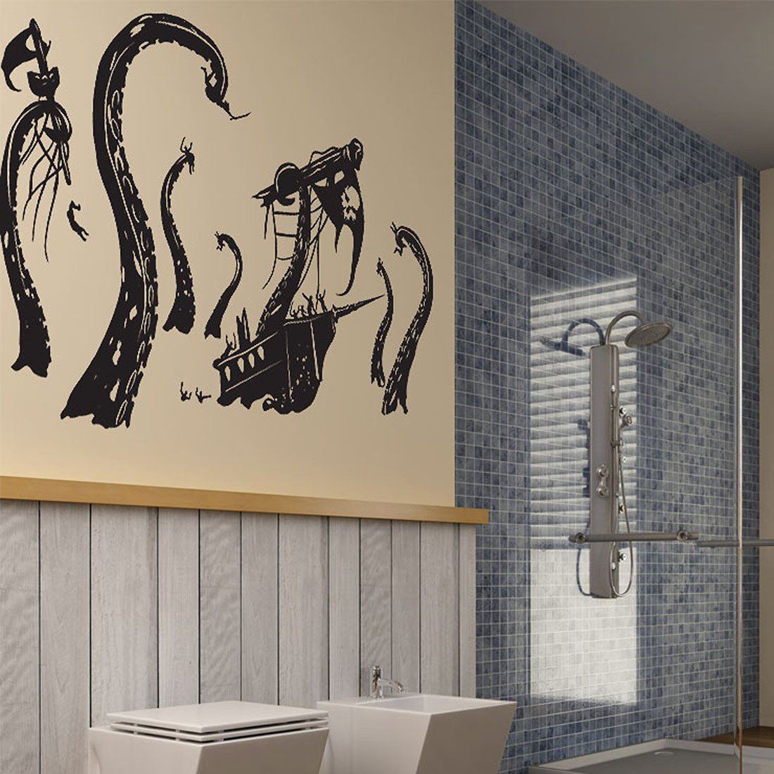Pirate Ships attacked by Kraken Wall Decal Sticker. Beach Nautical Theme Decor.