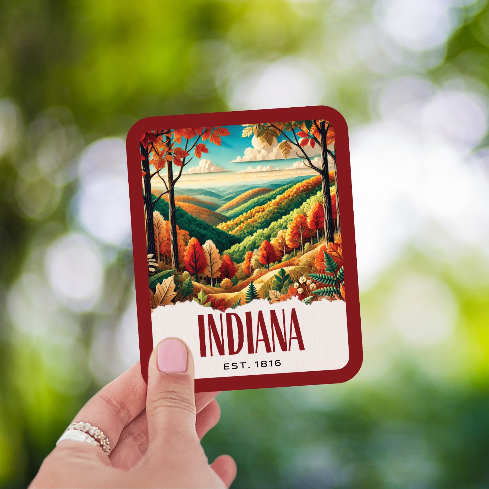 Indiana State Sticker, Paper Collage Look, Brown County Vinyl Decal