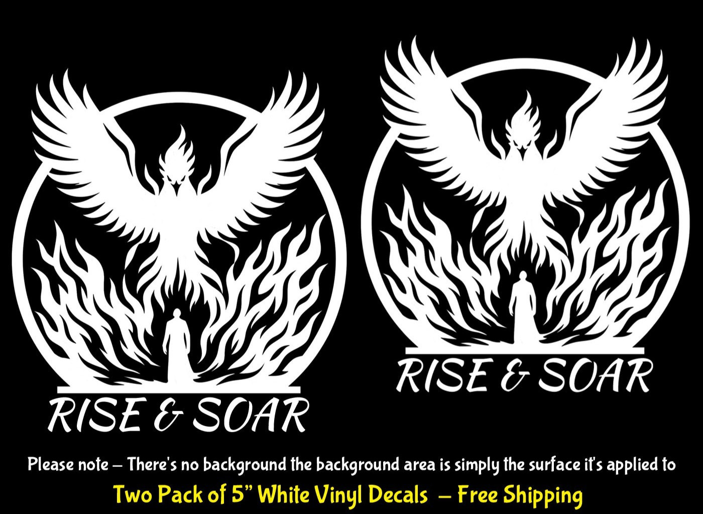 Phoenix Rise & Soar Rebirth Flames Mythical 2 PK 5" White Vinyl Decals Window