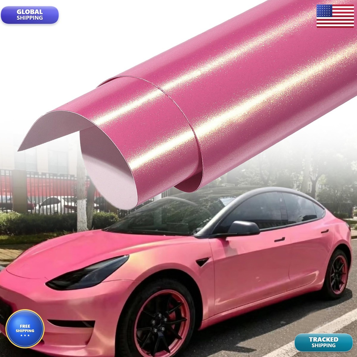 AuMoHall Bright Pink Charming Diamond Gold Metallic Chameleon Vinyl Wrap