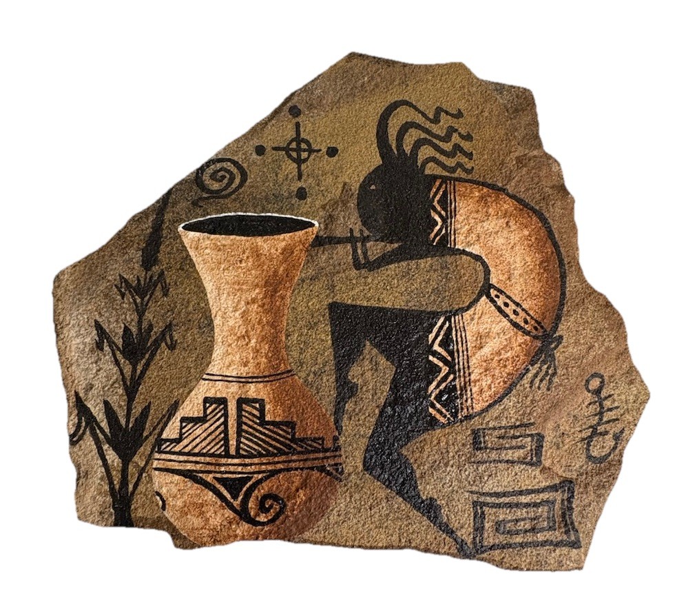 Kokopelli Stone Art Plaque Southwest Native Style Hand Painted Rock 8”