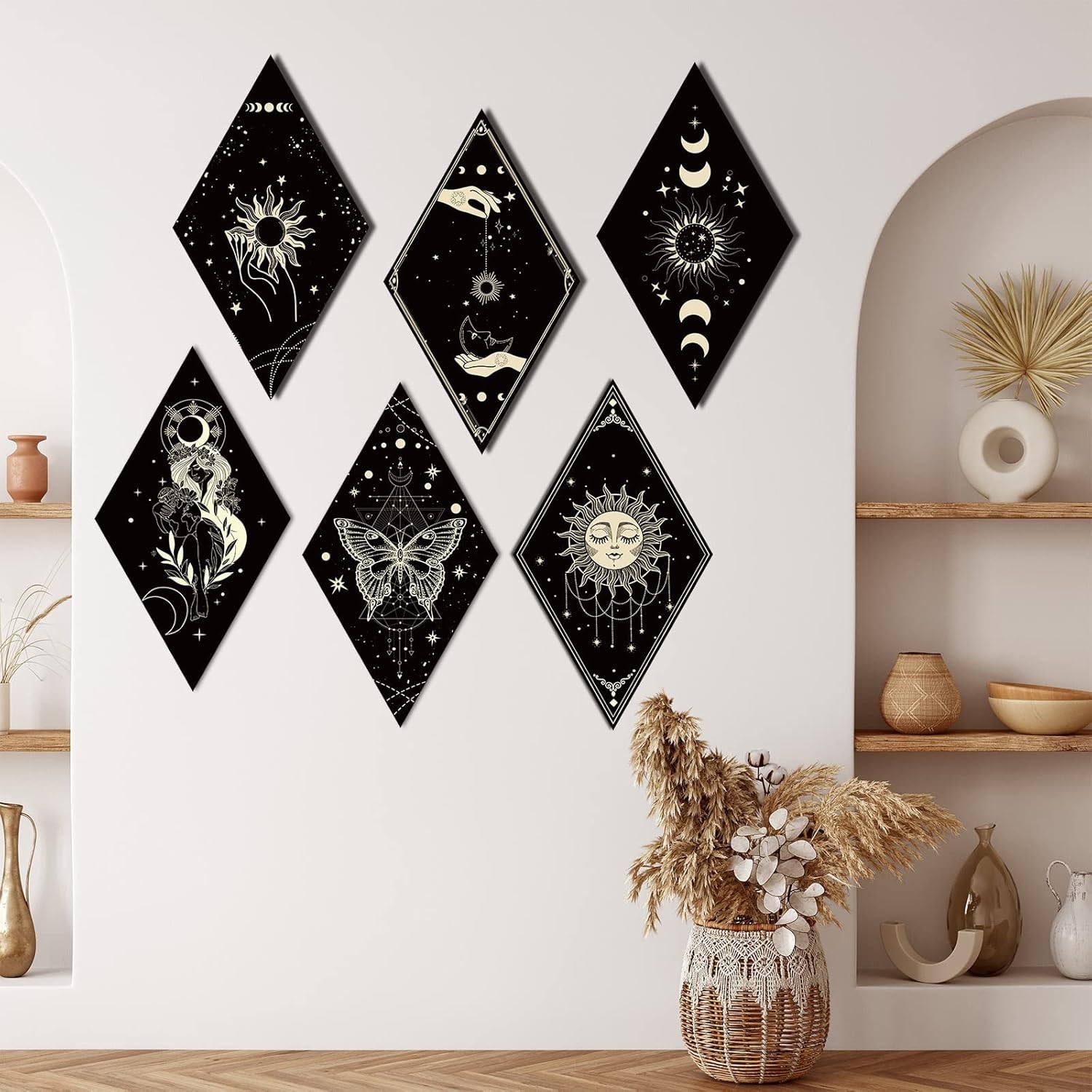 6 piezas de decoración de pared bohemia con diseño de sol y luna, arte de pared