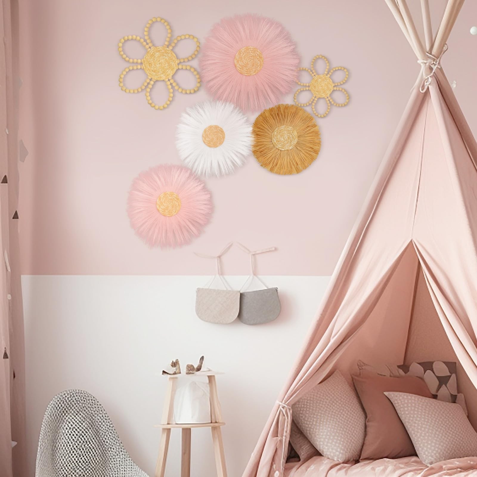 Soaoo 6 Pcs Boho Nursery Decor for Girl Daisy Flower Woven Macrame Wall Hangi…