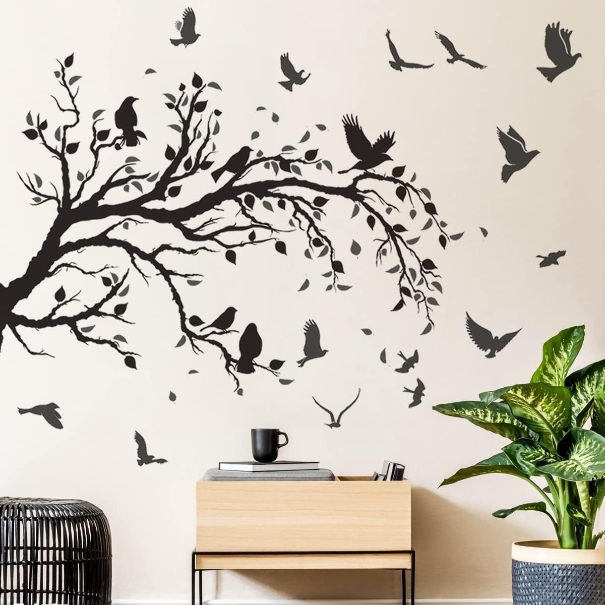 Black Tree Branch Flying Birds Wall Decal 50"" × 30"" DIY Birds Left to Right