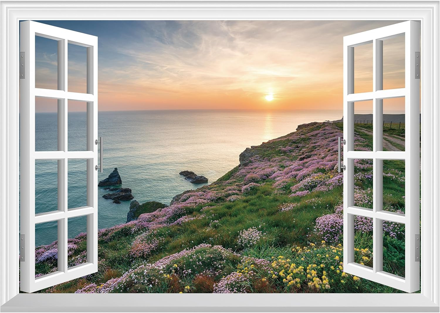 Fake Window Wall Sticker – Shoreline Lighthouse Faux Window Wall Mural for Wall