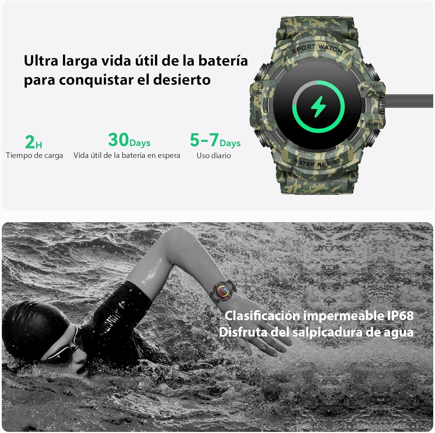 Military Smart Watch Flashlight, Compass, Heart Rate, Calls, IP68, Androi