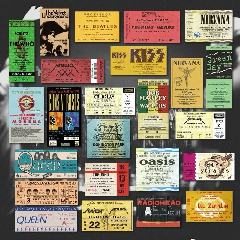 43 Heavy Metal Rock Band Ticket Stickers Decals 4 Laptops, Guitars, Skateboards