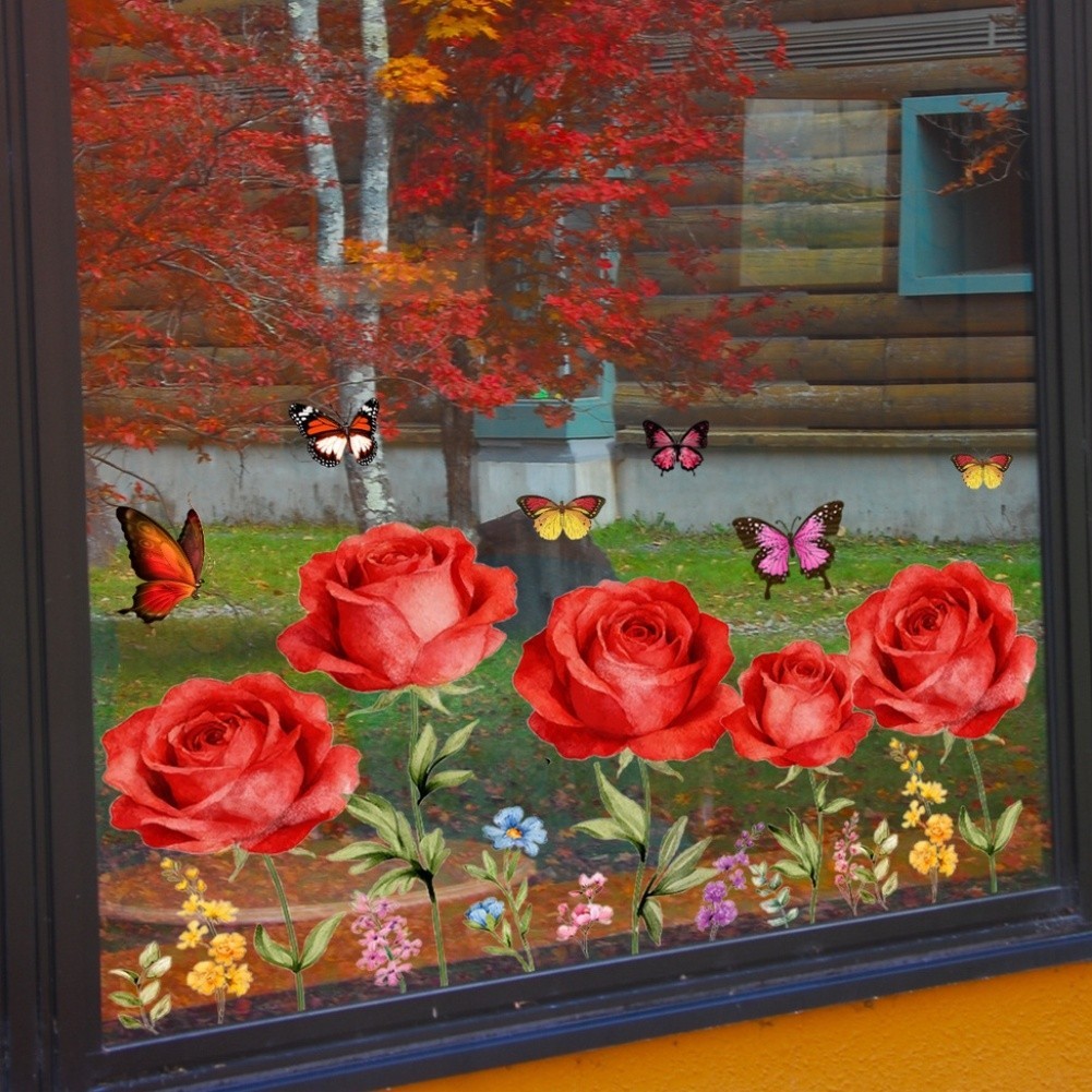 Red Rose Butterfly Window Static Cling Decor PVC Film 11.81 x 23.62 in