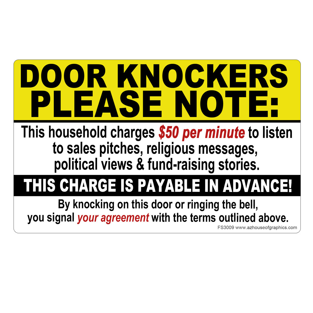 Door Knockers Please Note Sticker – Funny $50 NO SOLICITING Vinyl Decal #FS3009