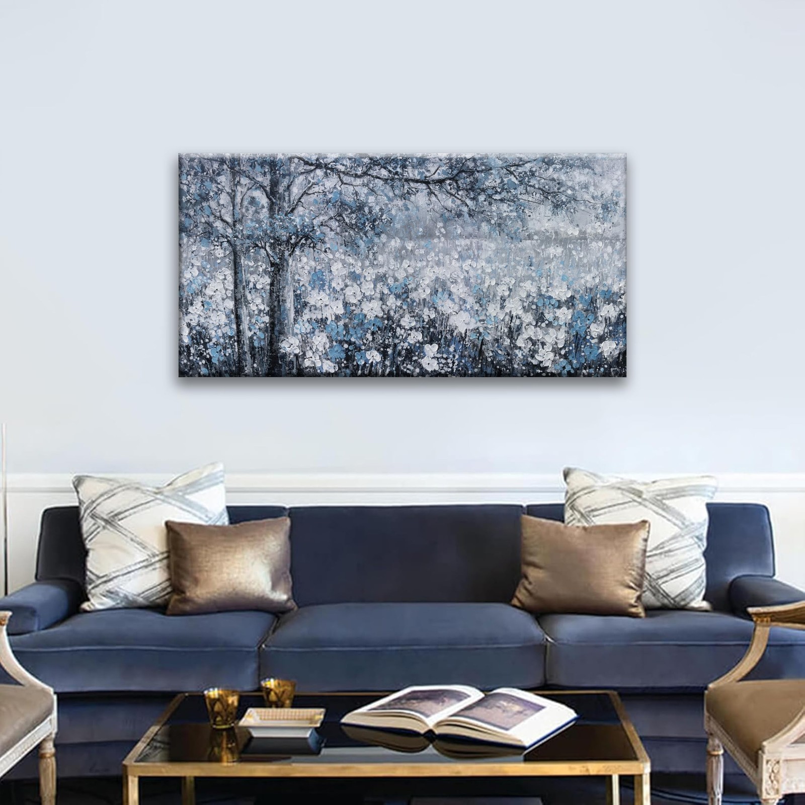 Wall Art for Living Room Blue And White Abstract Tree Flower Modern Artwork C…