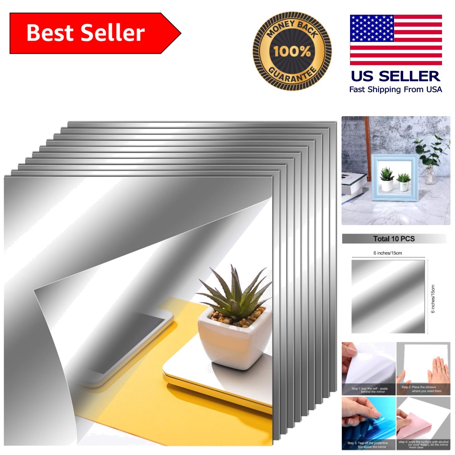10 Self-Adhesive 6×6 Inch Flexible Mirror Sheets for Elegant Wall Decor