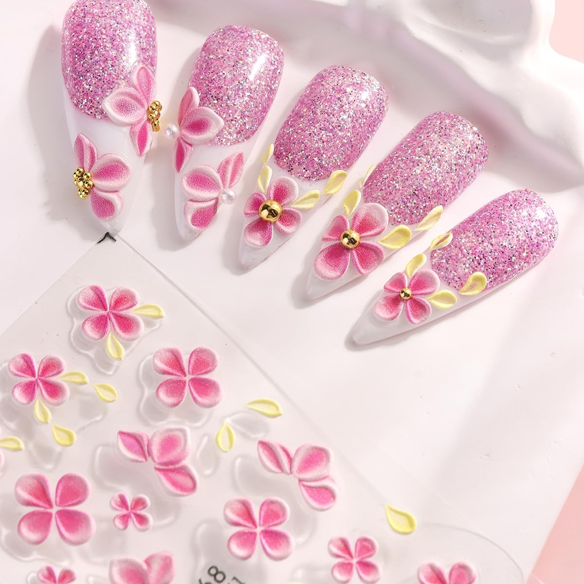 Fspronail 5D Flower Nail Art Stickers 5Pcs Embossed Pink Blue Colorful-01