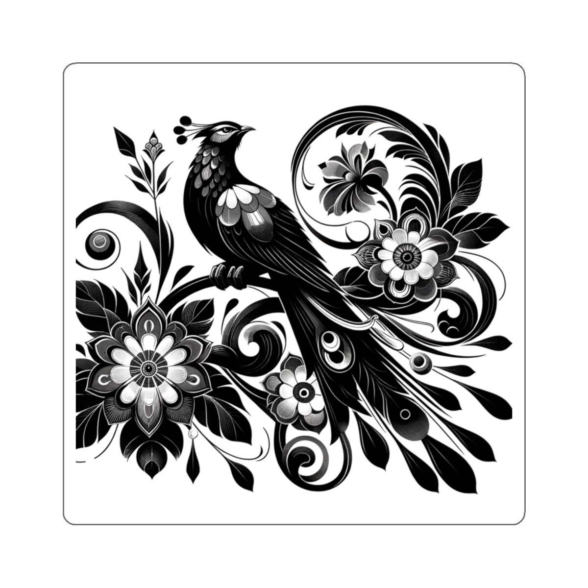Sticker Art Deco Black Peacock Vintage Style Floral Retro 2×2" 3×3" 4×4" 6×6"
