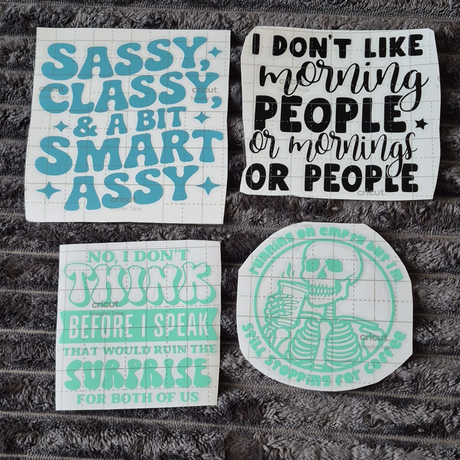 Cricut Blue Black Vinyl Decal Stickers Set of 4 Humorous Quotes for Adults