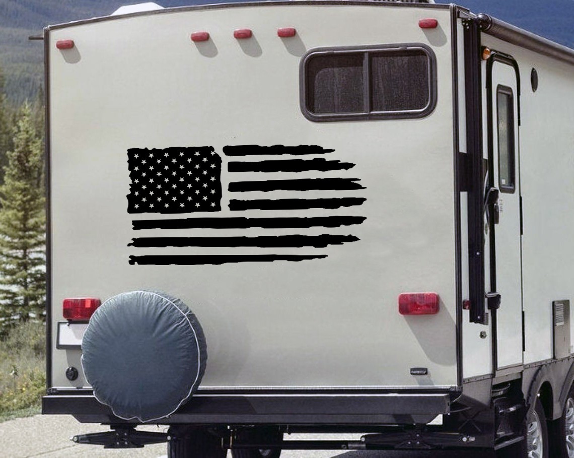 Distressed American Flag Decal – Matte Black Vinyl Sticker – Large Custom Sizes