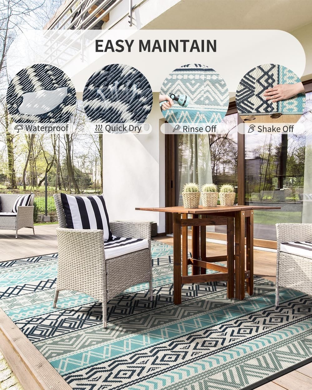 Waterproof Outdoor Rug 5×8 – Reversible Camping Mat, Picnic Beach Carpet, Boho D