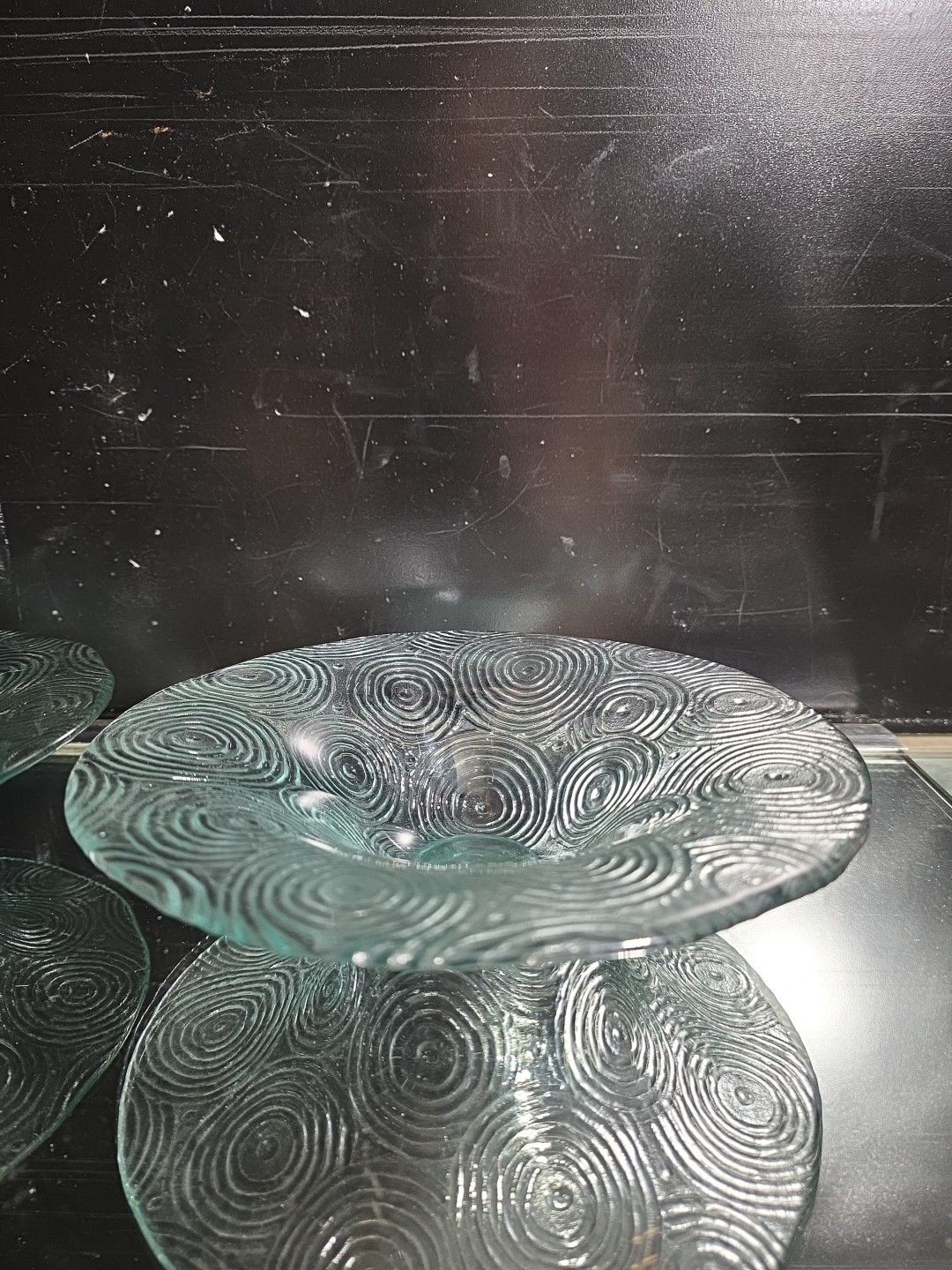 Vintage Clear Glass Pedestal Bowl Concentric Swirl Spiral Textured Art Glass 9"