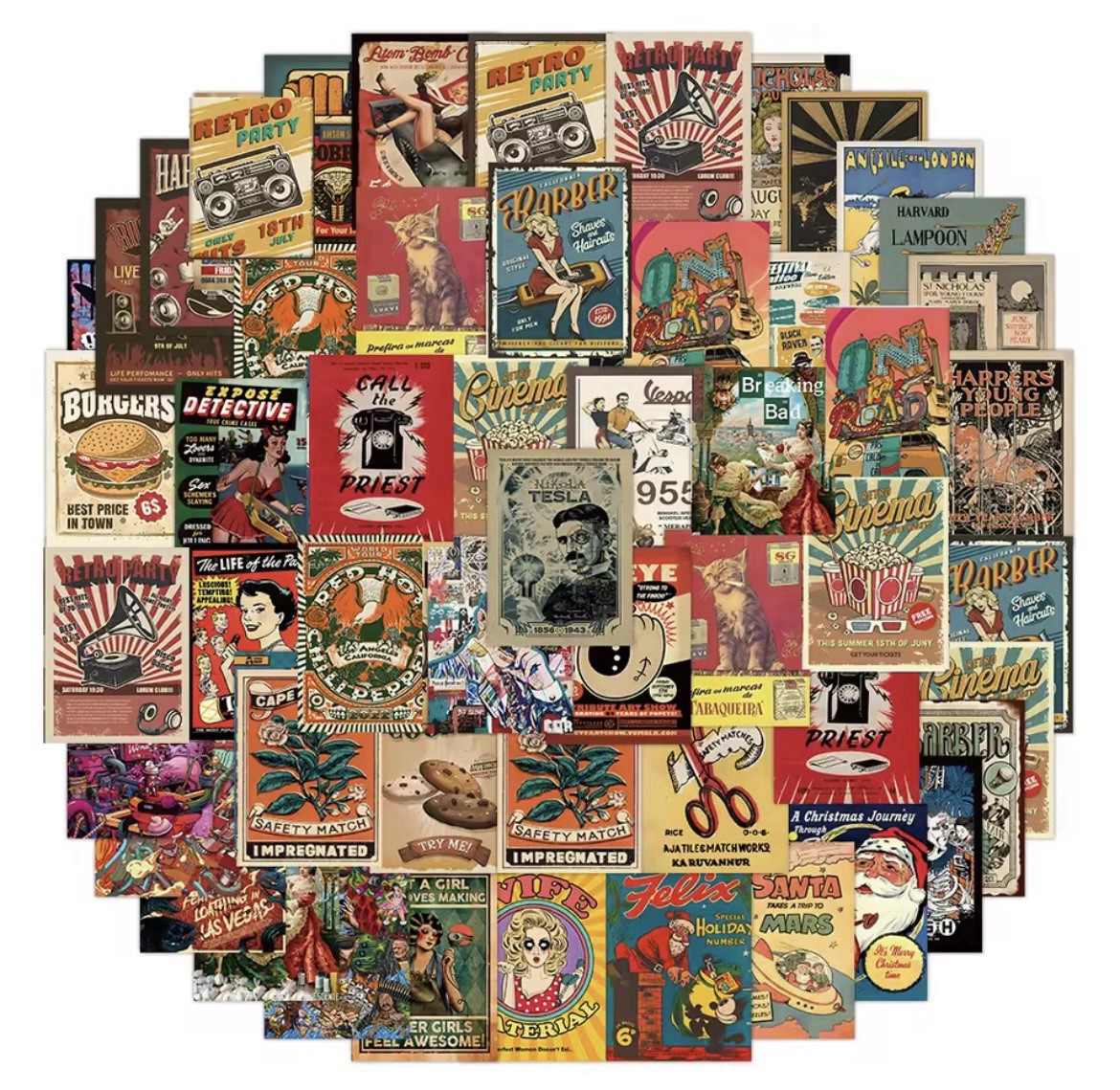 Retro Vintage Style Stickers 50pk Matte Classic Poster Stickers FREE SHIPPING