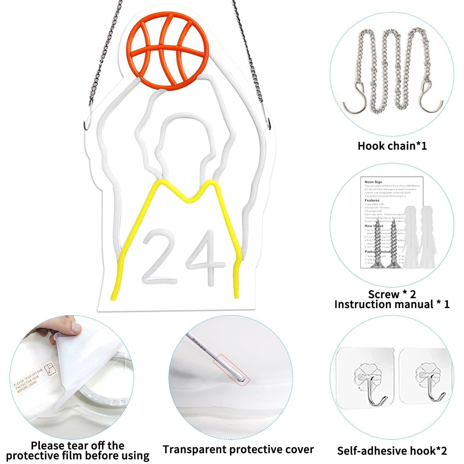Basketball Neon Signs,Dimmable LED Neon Sign for Wall Decoration, USB Powered…