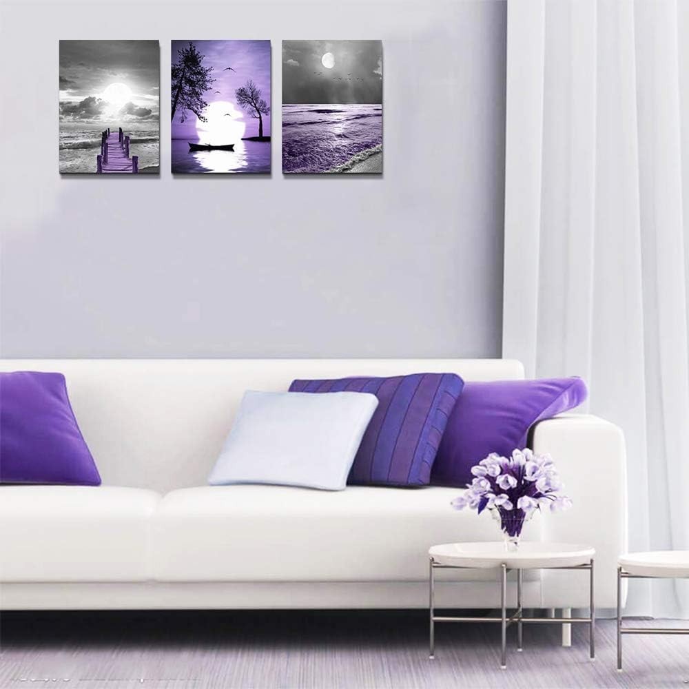 Elegant 3-Piece Framed Canvas Art Set – Modern Landscape in Purple Hues