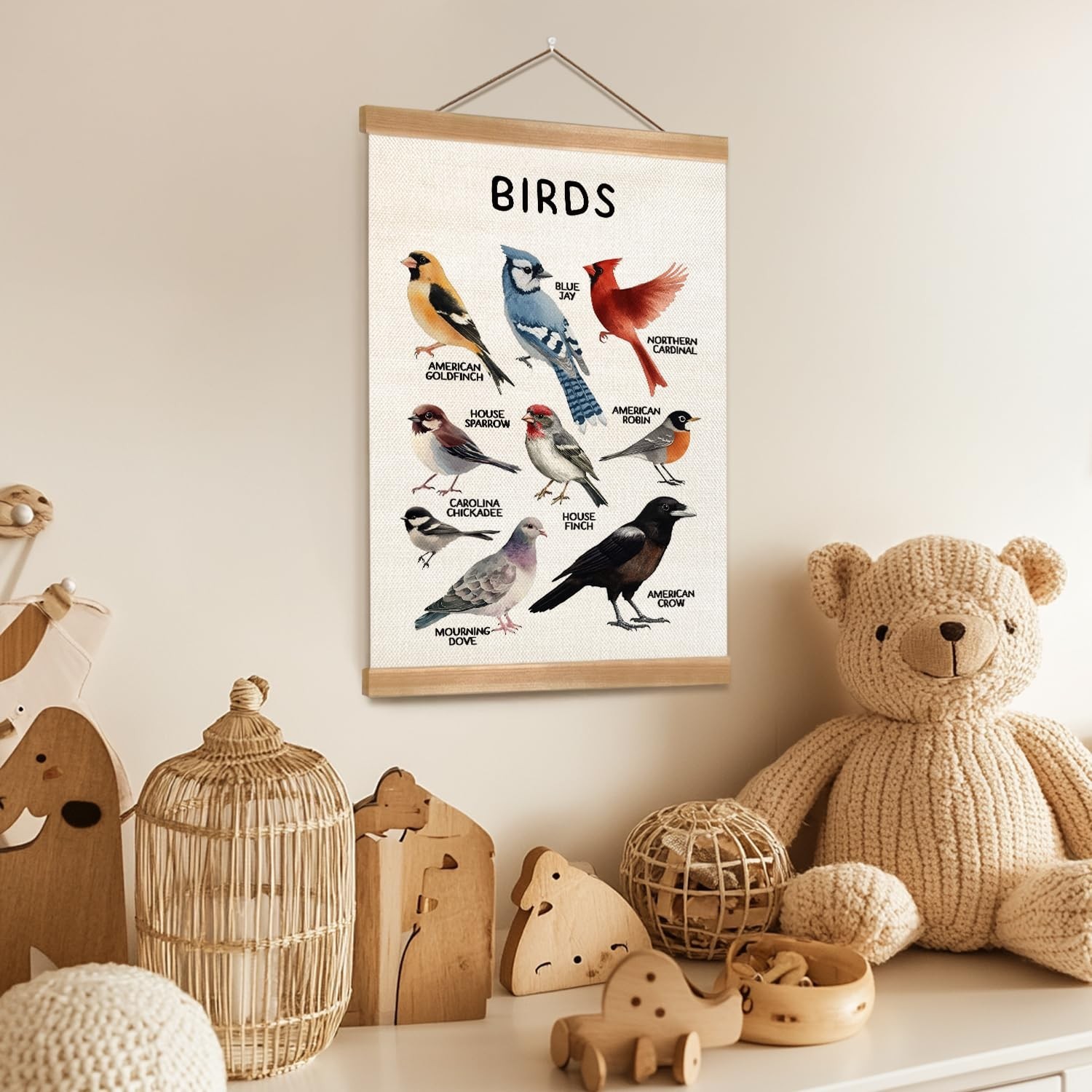 ZTGDA Birds Vintage Wall Art – Hanging Poster with Solid Wood Frame, Linen