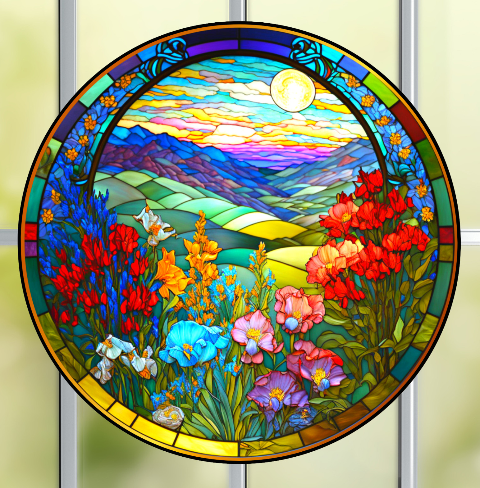 Wildflowers Faux Stained-Glass WINDOW CLING Size 8" Round Vinyl