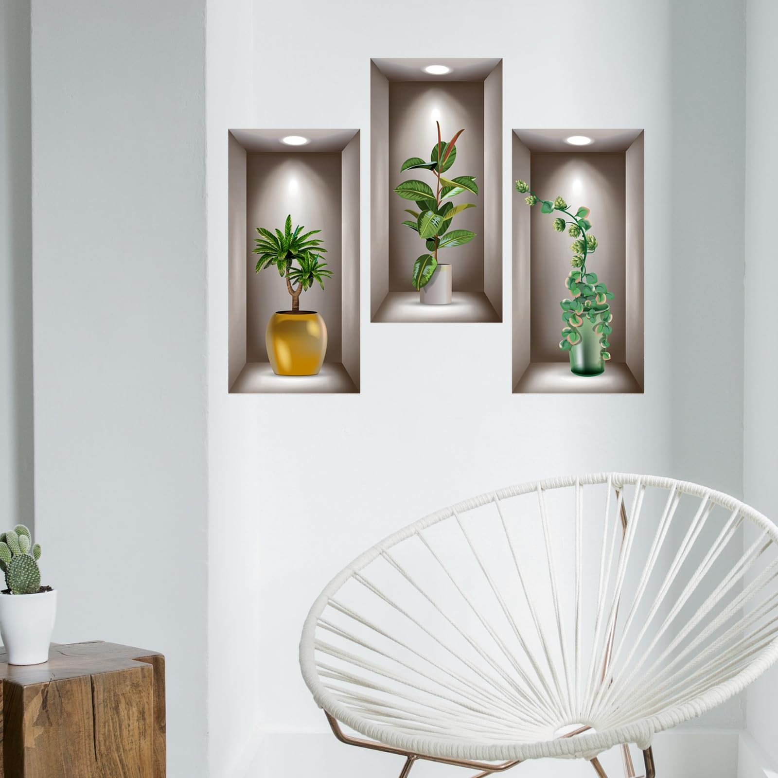 3D Potted Plants Wall Stickers Set of 3 Green Leaves Multi-colored