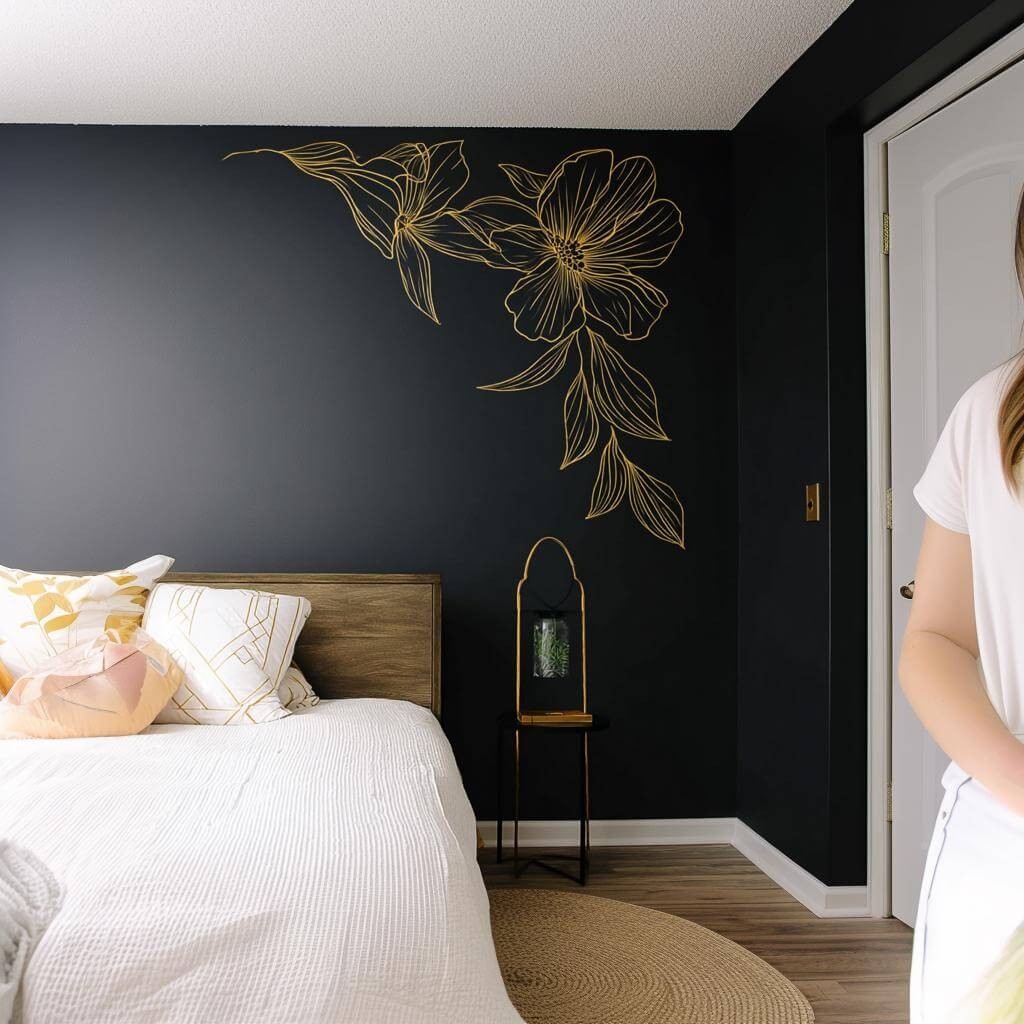 Gold Floral Corner Wall Decal | Minimalist Line Art Flower Wall Sticker