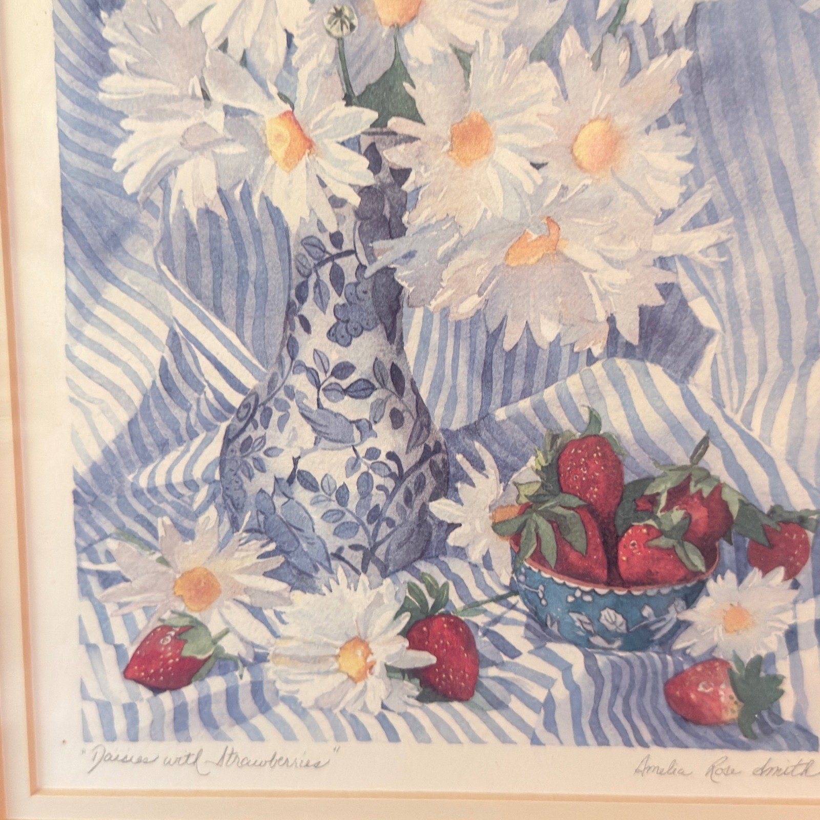 Amelia Rose Smith Daisies with Strawberries Framed Floral Print 14" Cottagecore