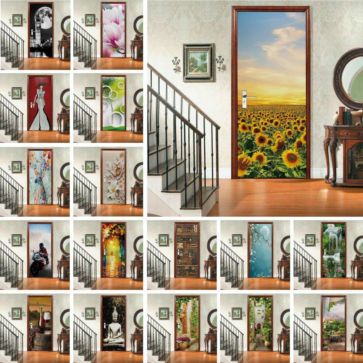 3D Self Adhesive Sunflower Animals Scene Door Sticker Wall Decor Mural Wallpaper