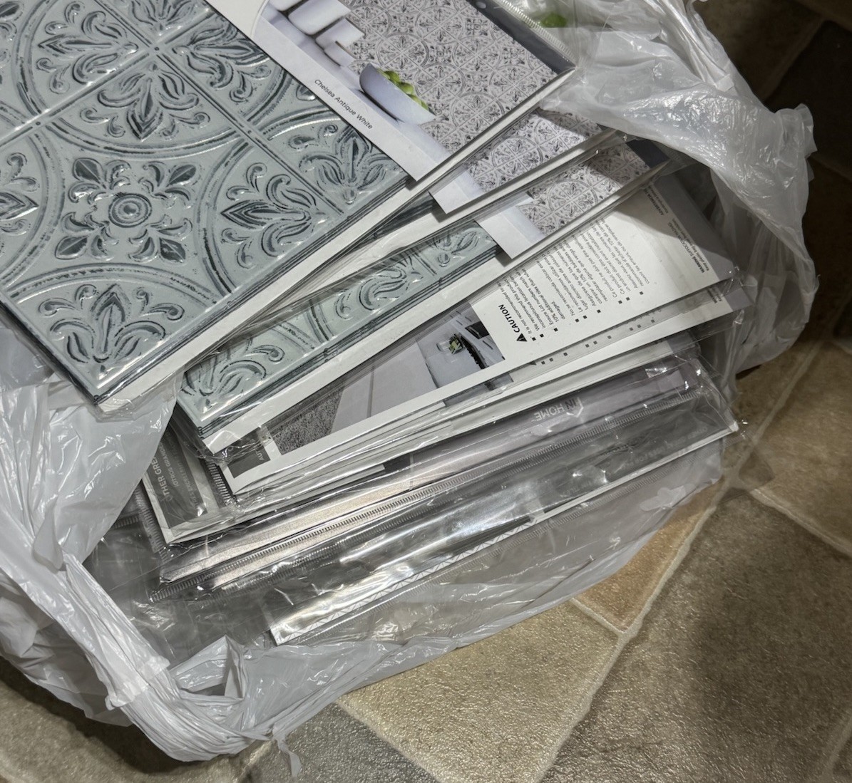 New In Home Chelsea Antique White Peel & Stick Faux Tin Tiles 10”X10”
