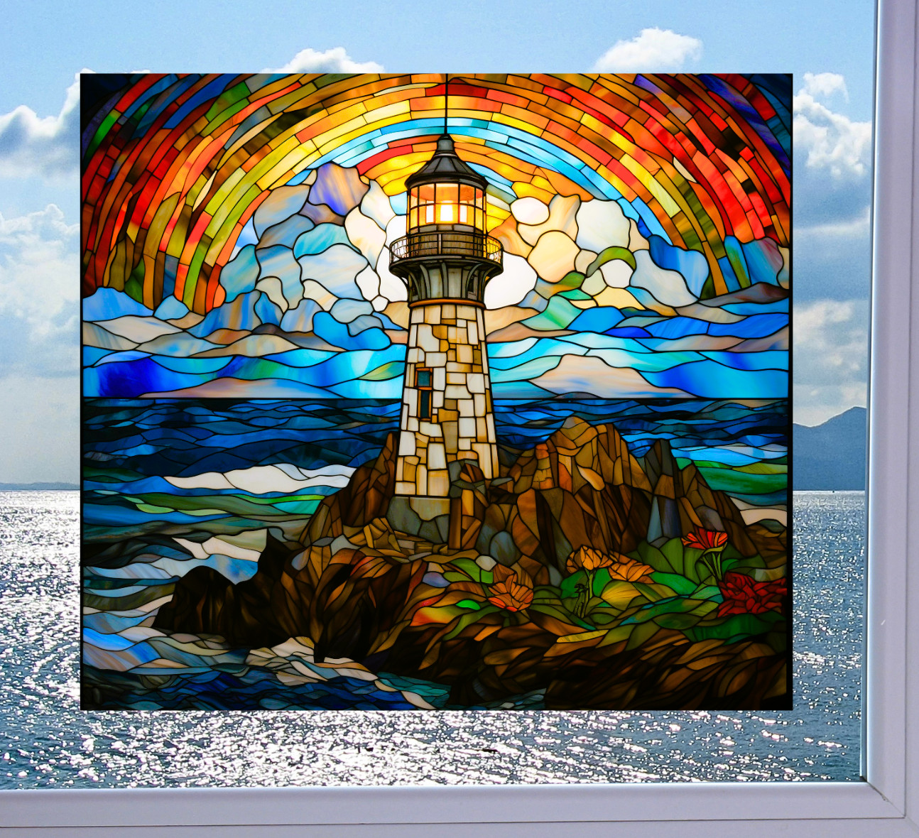 Lighthouse Faux Stained-Glass WINDOW CLING Size 9.1" Repositionable Vinyl